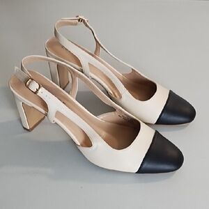 Elegant Two-Tone Black & Cream Slingback Heels Shoes